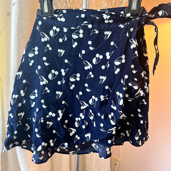 Sunday Best Blue and White Cherry Patterned Wrap Skirt - Picture 1 of 5